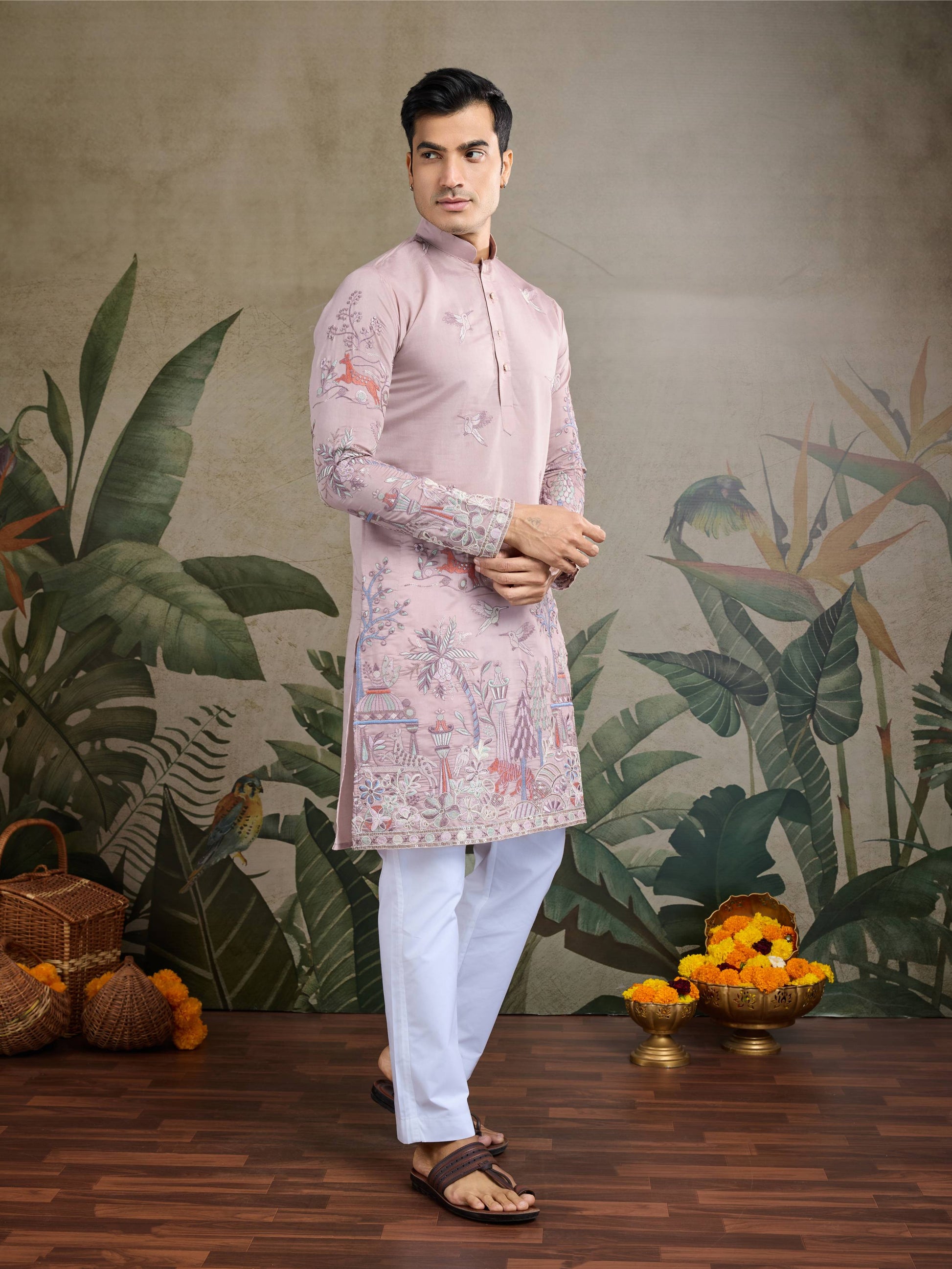 Peach color viscose silk mens kurta online