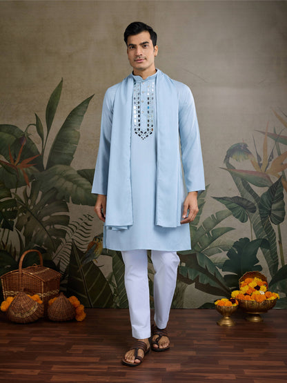 Sky color viscose rayon kurta for men