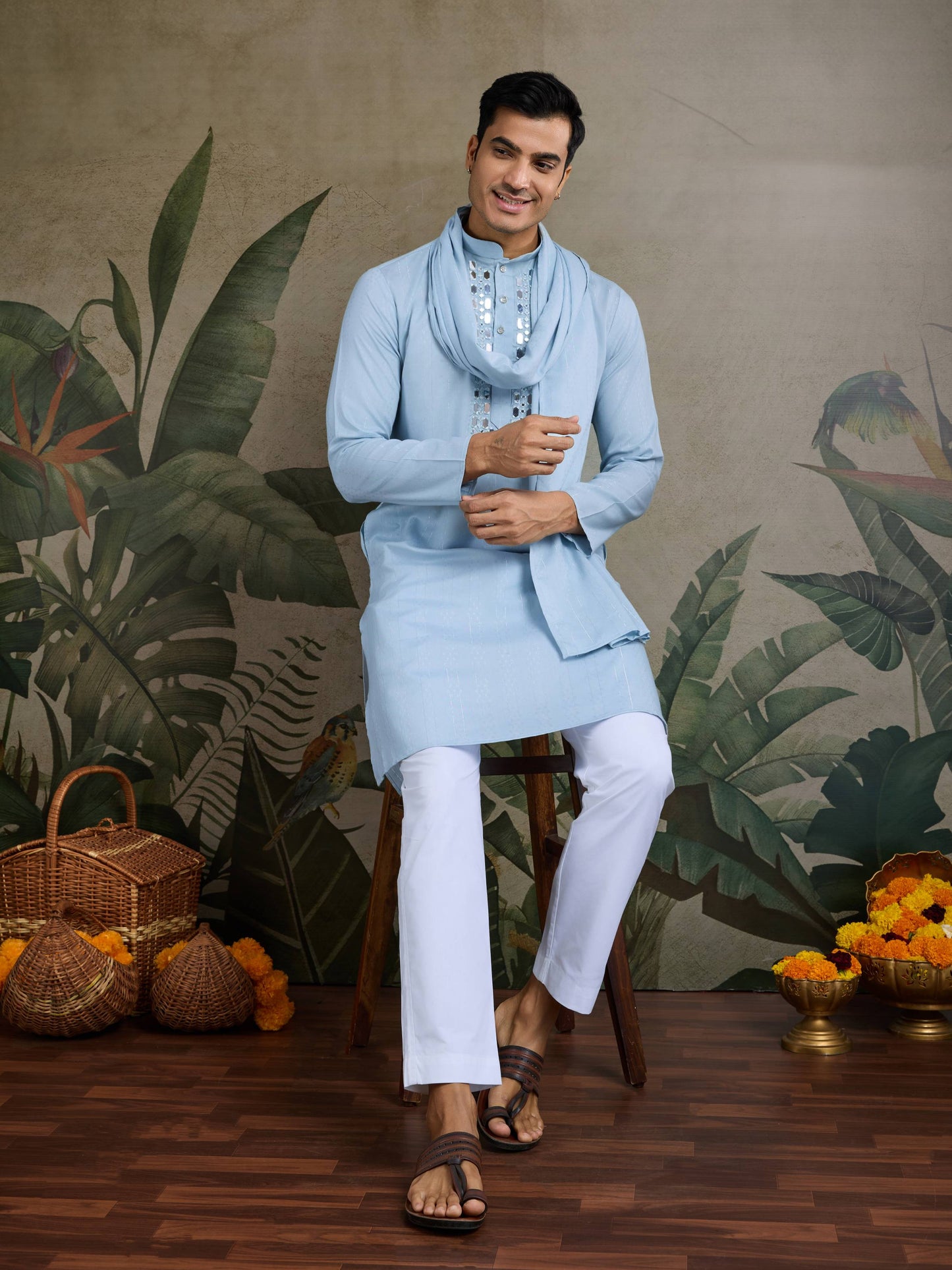 Sky color viscose rayon mens kurta for wedding