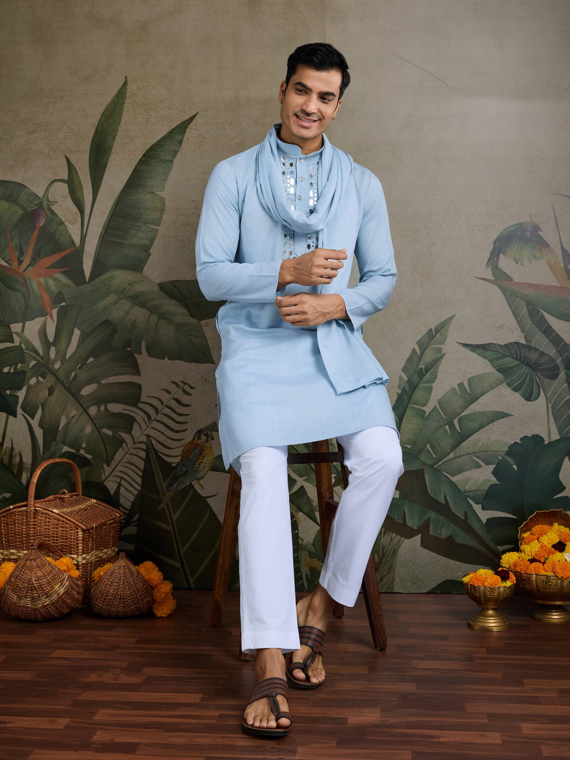 Sky color viscose rayon mens kurta for wedding