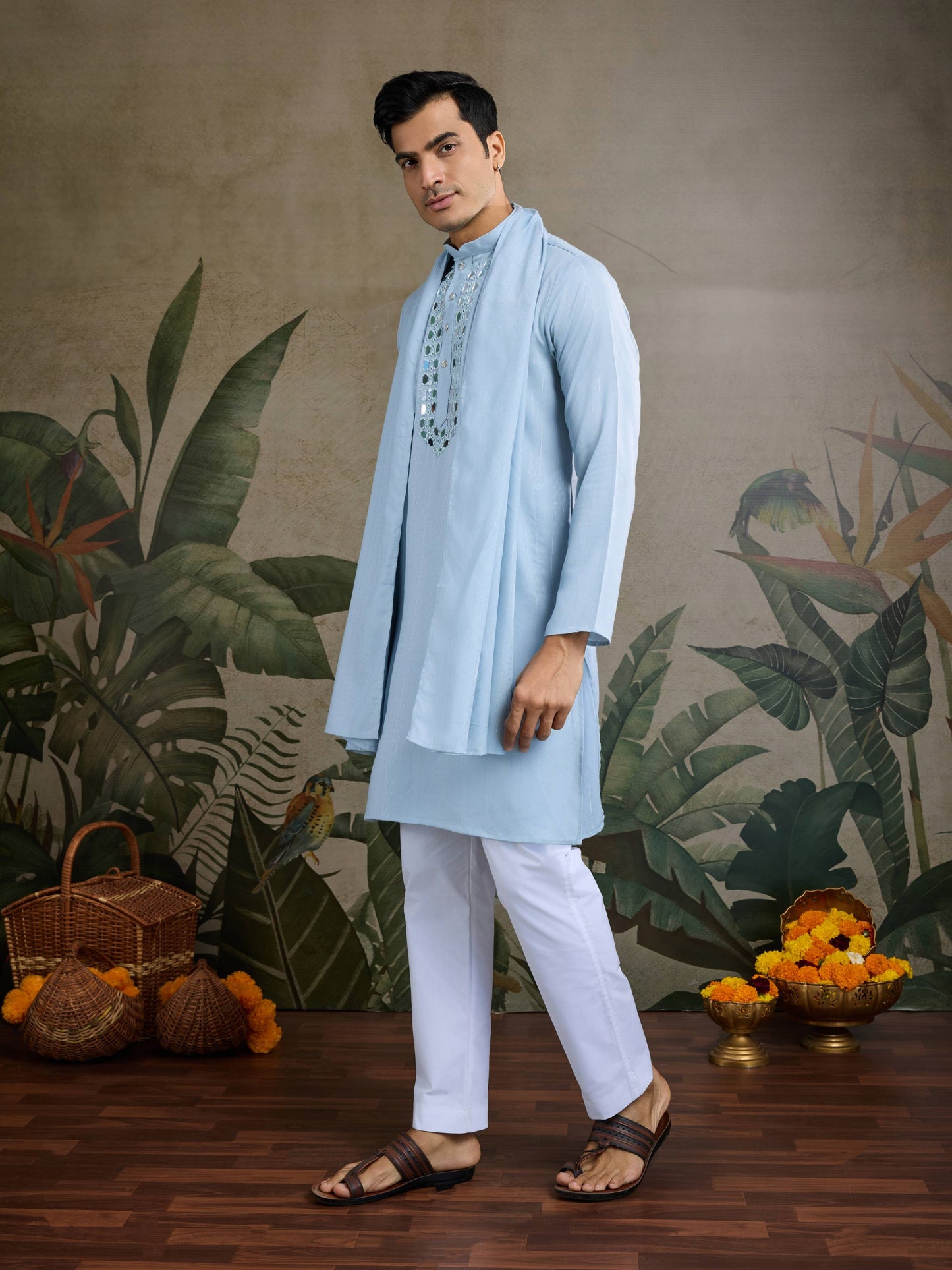 Sky color viscose rayon mens kurta with dupatta online
