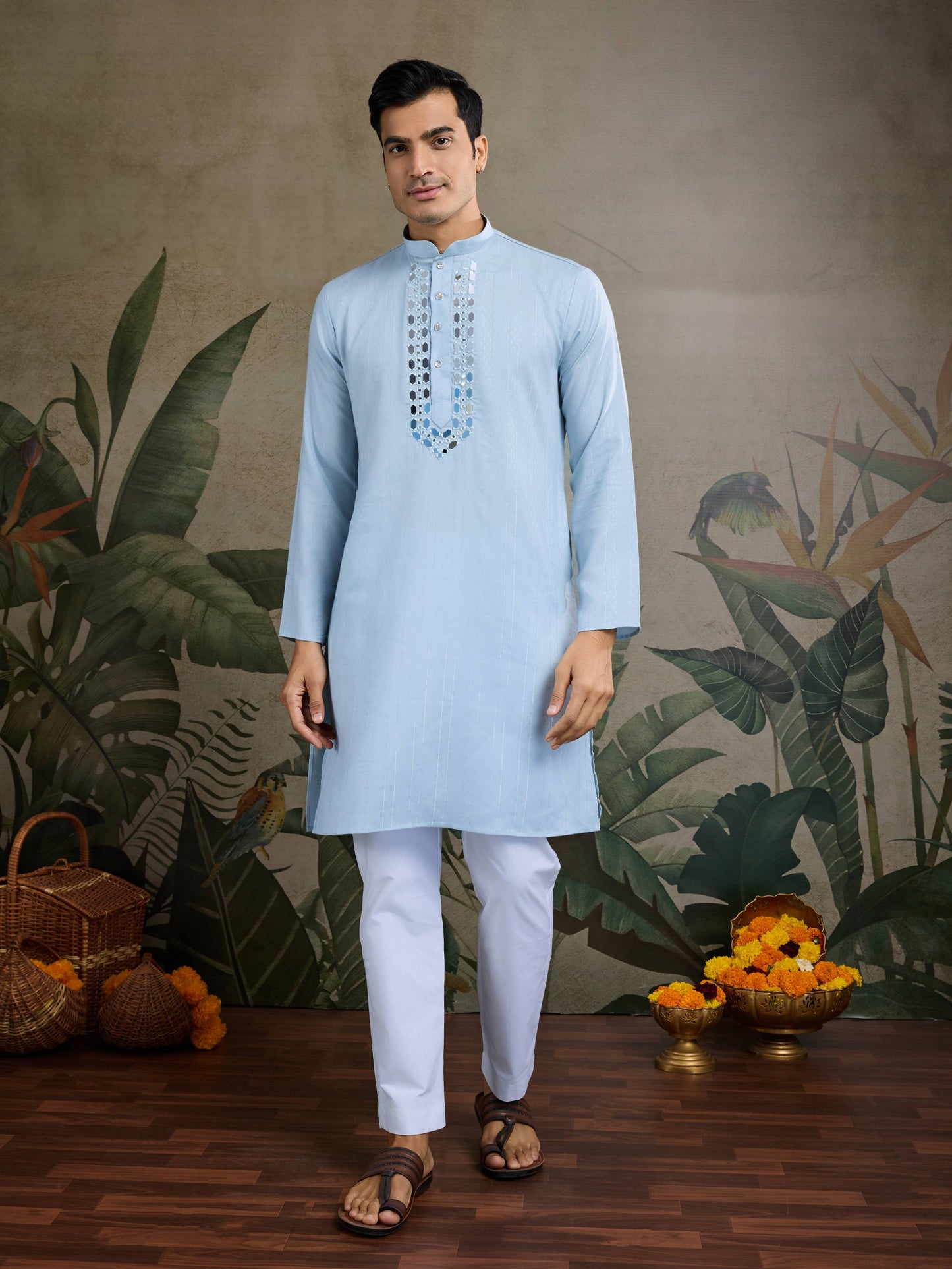 Sky color viscose rayon mens kurta with dupatta price