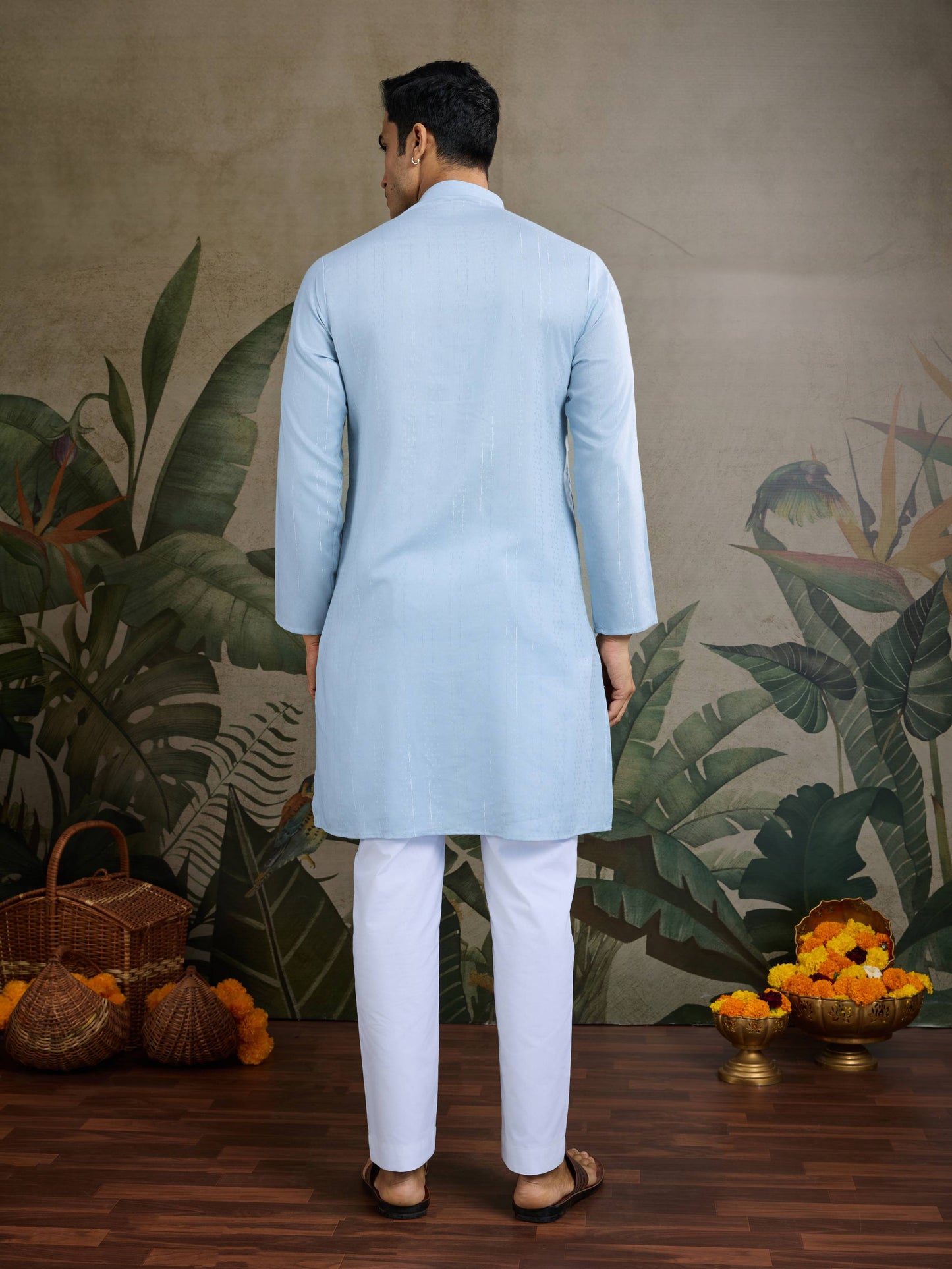 Sky color viscose rayon mens kurta with dupatta online shopping