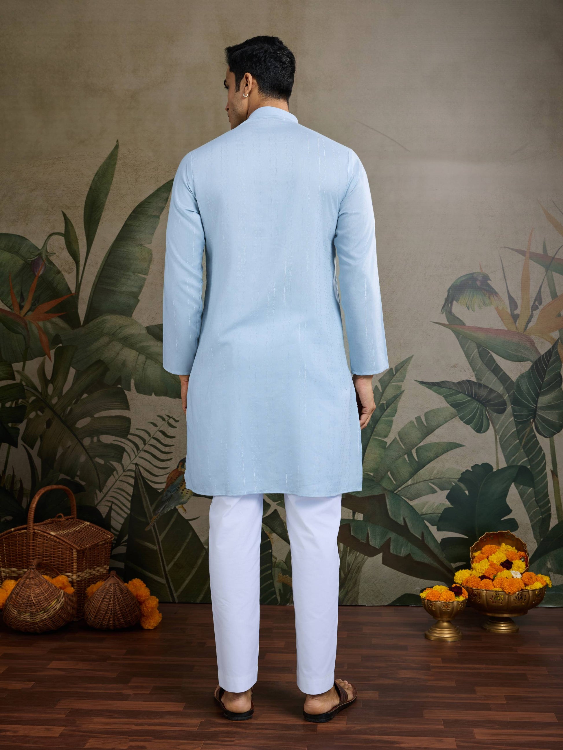 Sky color viscose rayon mens kurta with dupatta online shopping
