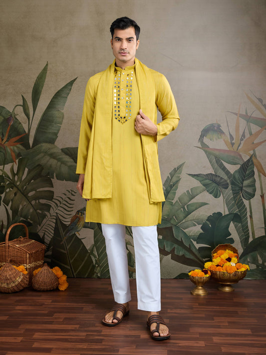 Yellow color viscose silk kurta for mens