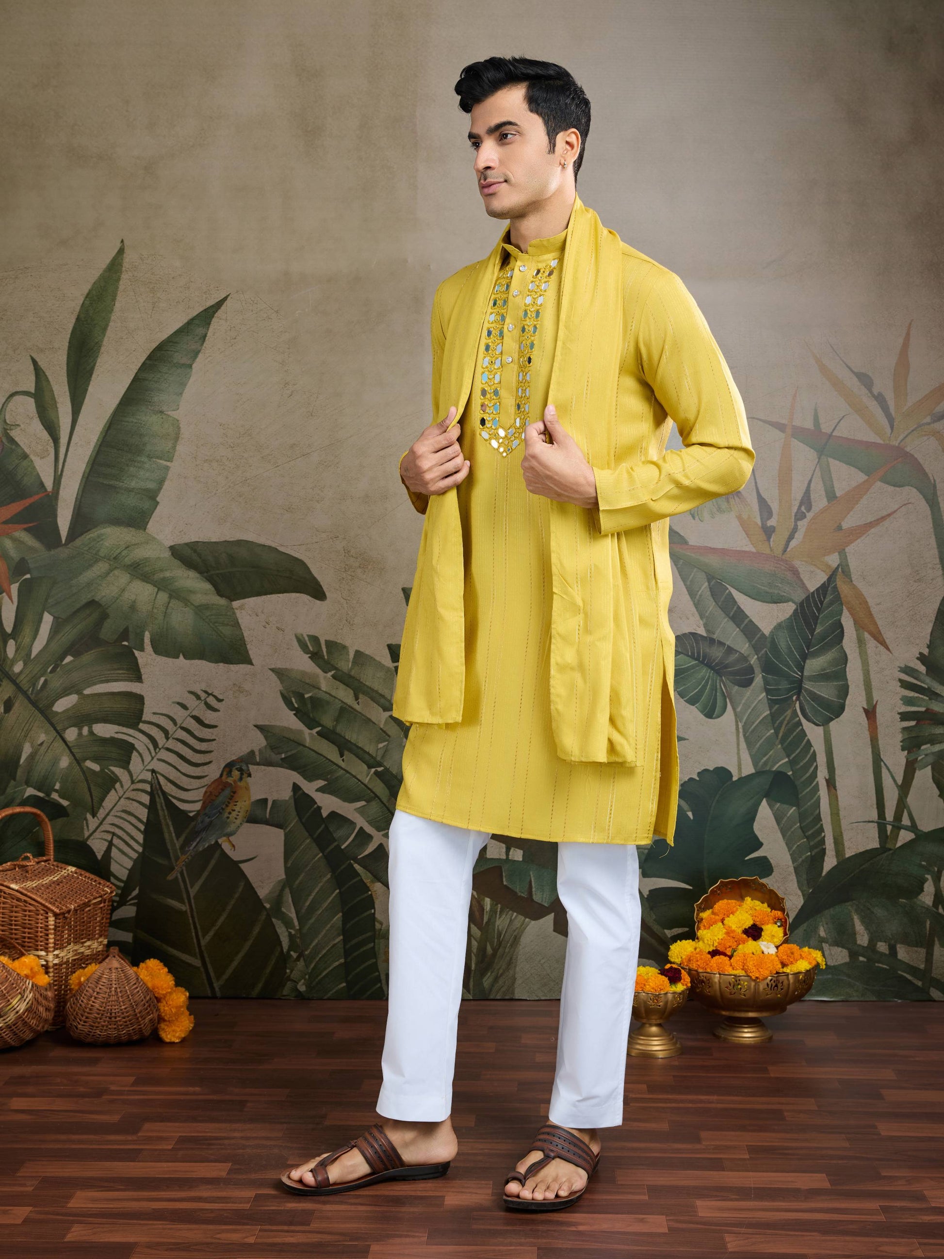 Yellow color viscose silk mens kurta online 