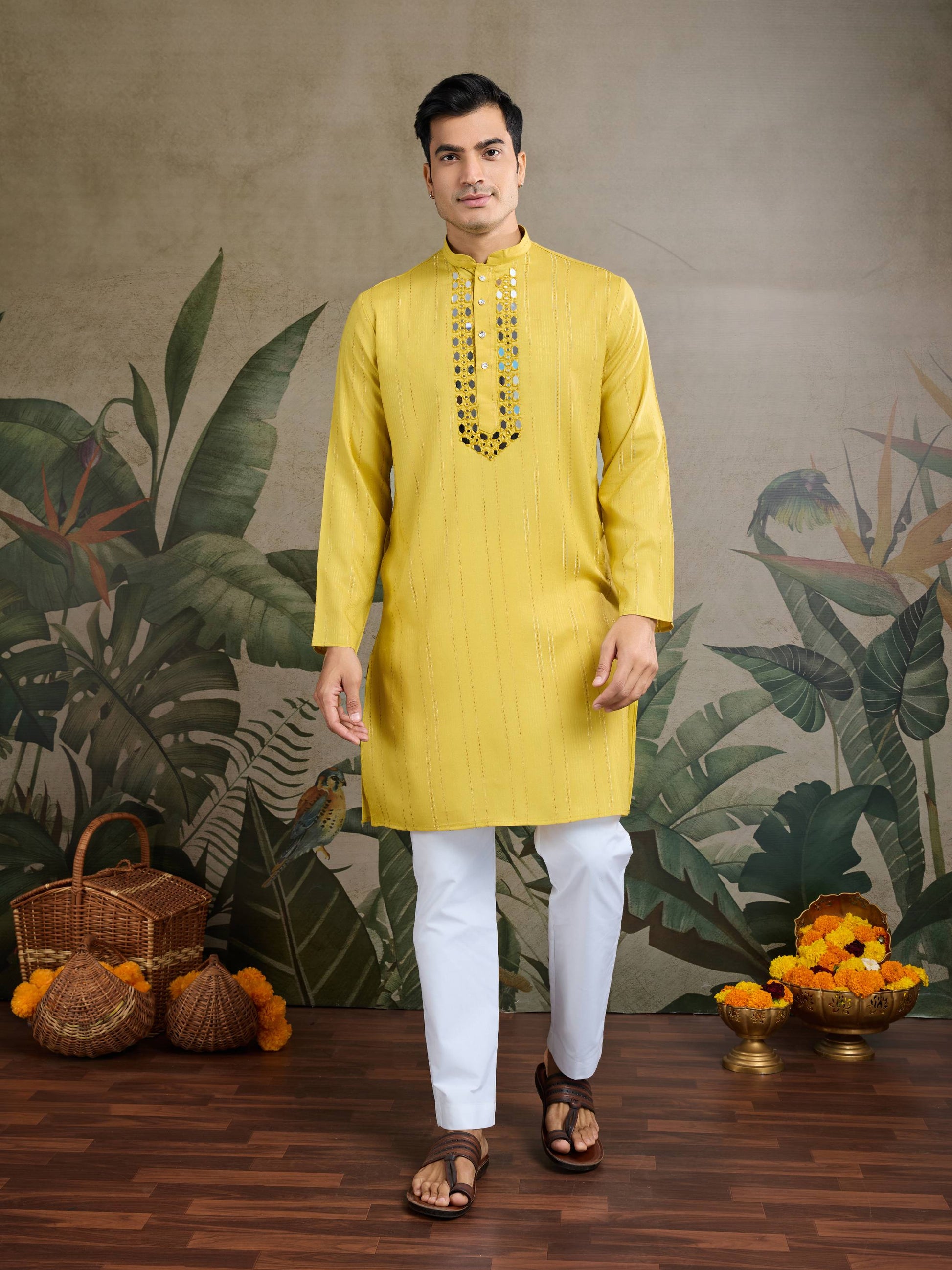 Yellow color viscose silk mens kurta price