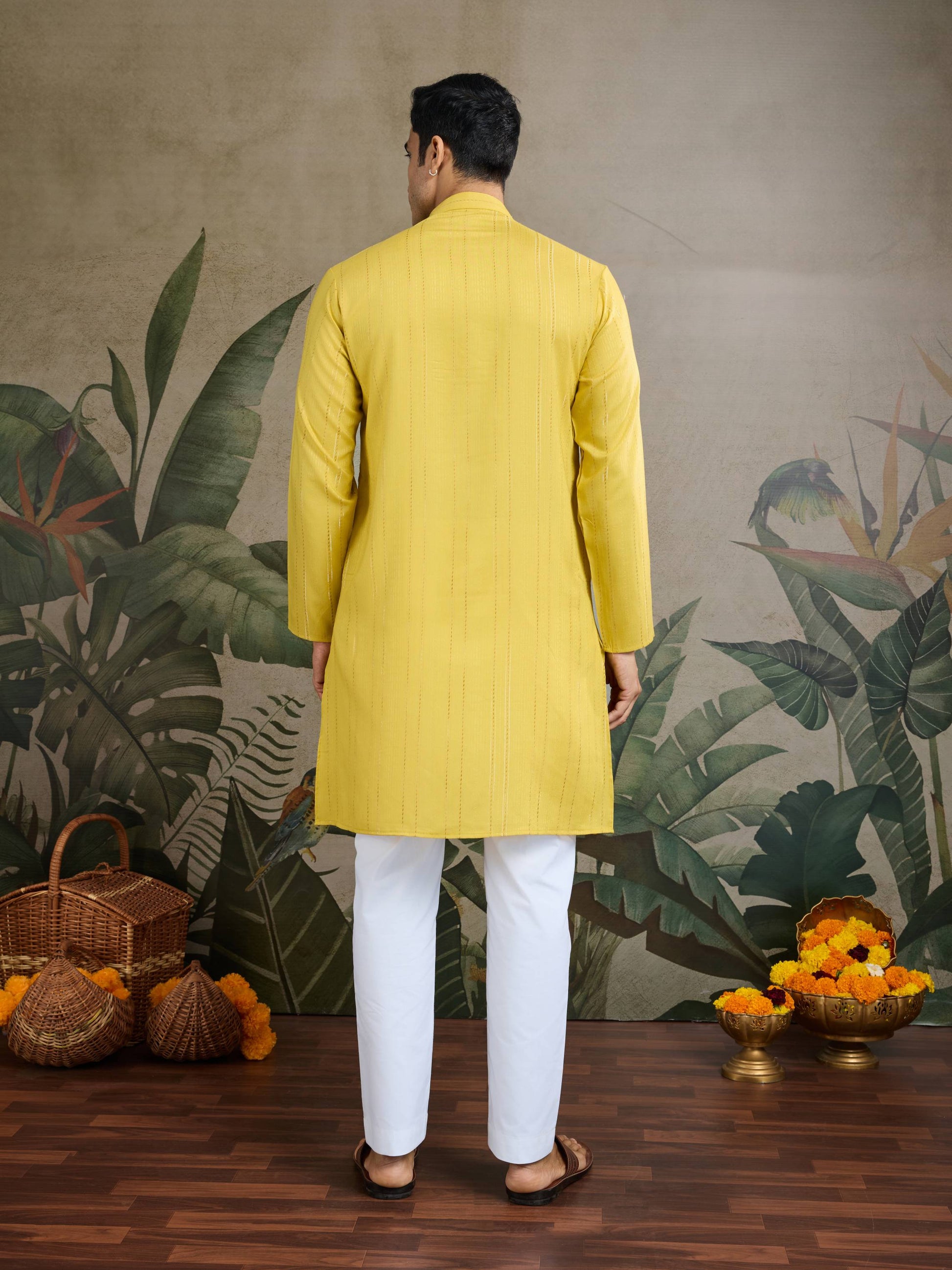 Yellow color viscose silk mens kurta online shopping