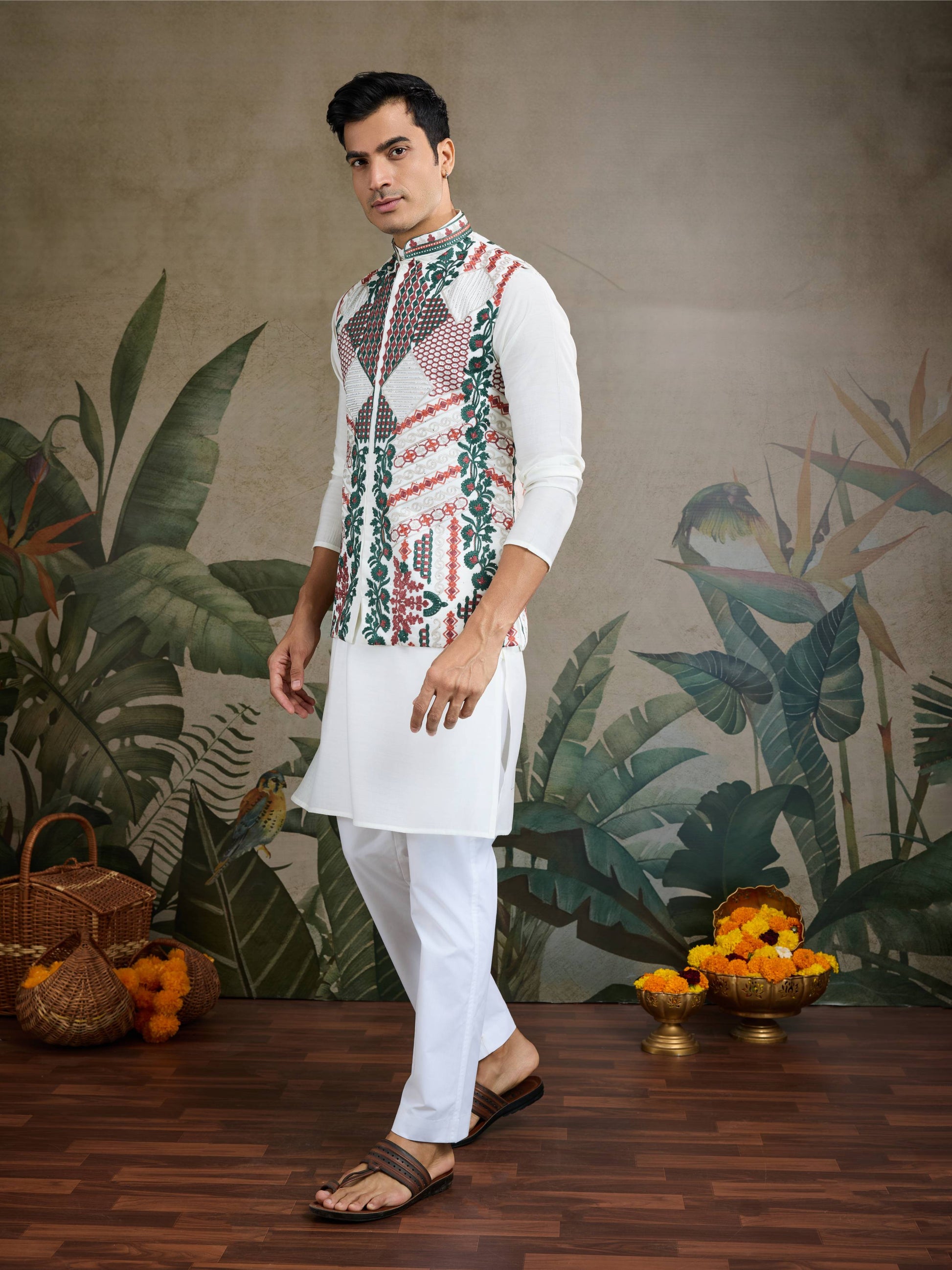 White color viscose silk kurta with koti for wedding