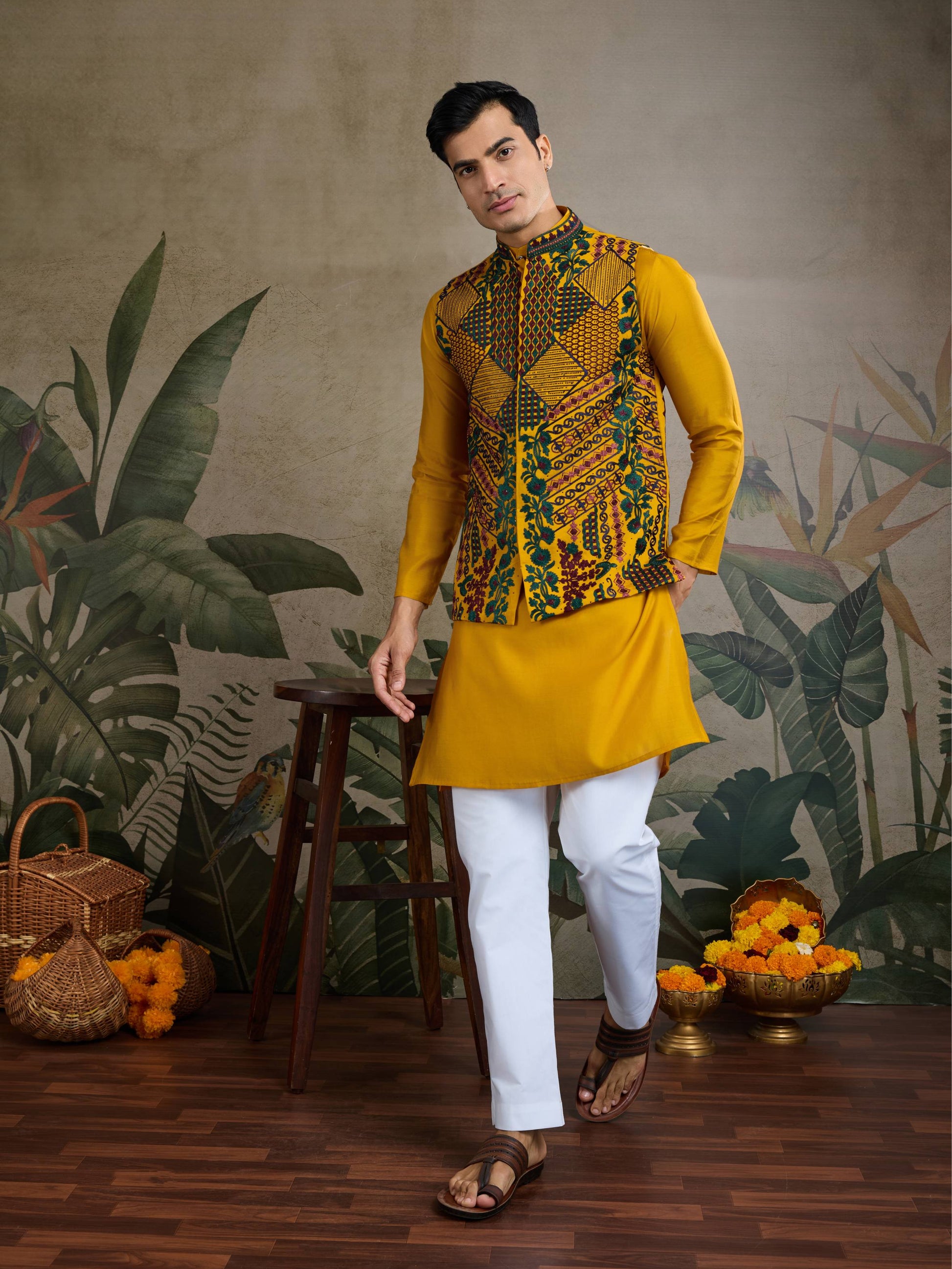 Yellow color viscose silk mens kurta with koti 