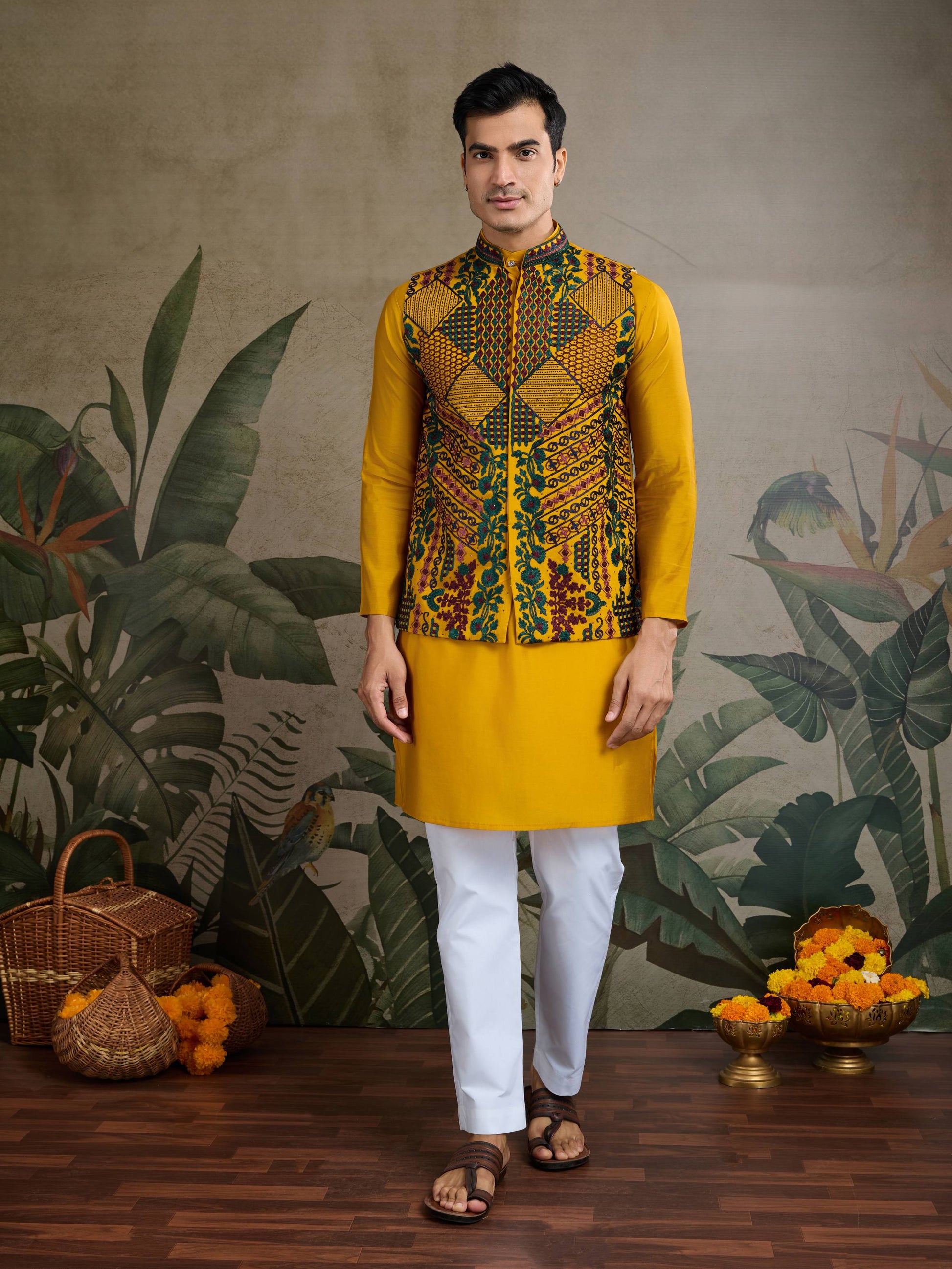 Yellow color viscose silk mens kurta with koti price