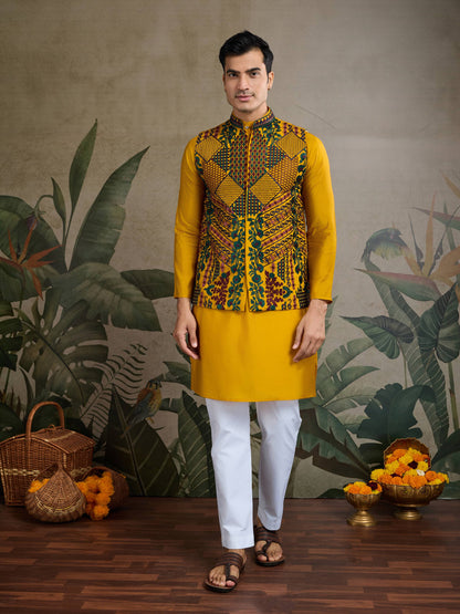 Yellow color viscose silk mens kurta with koti price
