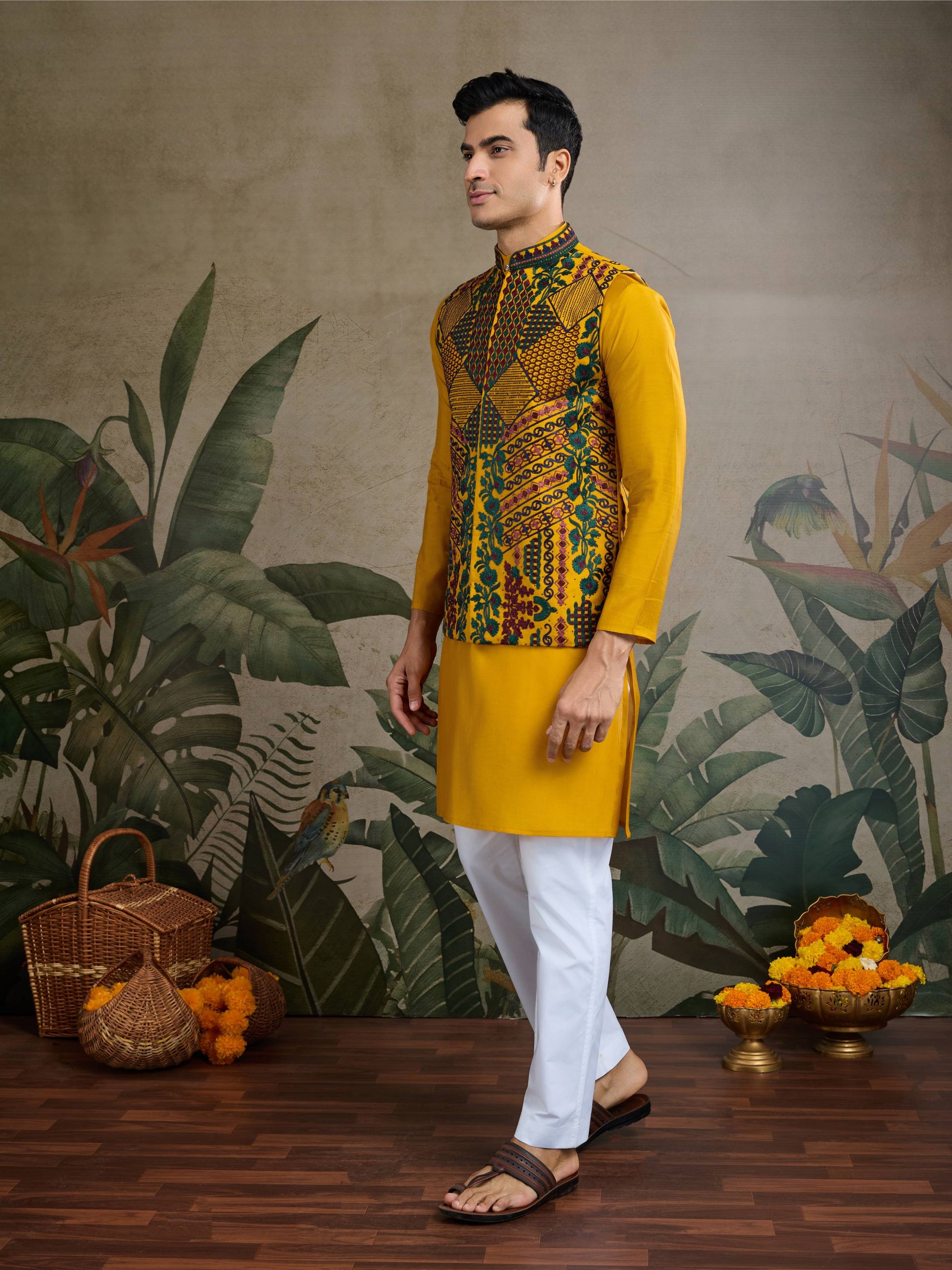 Yellow color viscose silk mens kurta with koti online