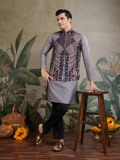 Grey color viscose silk kurta with koti online shopping