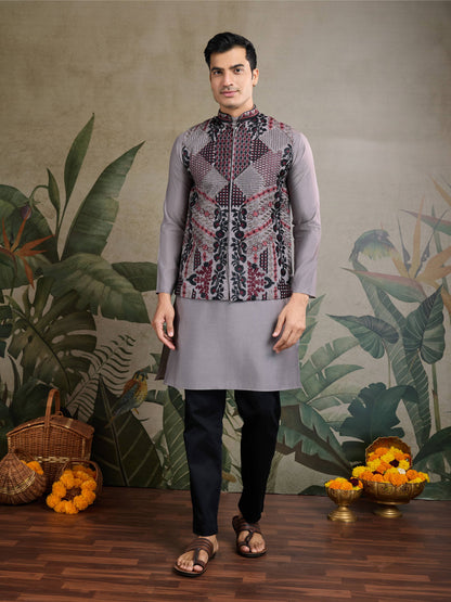 Grey color viscose silk kurta with koti online 