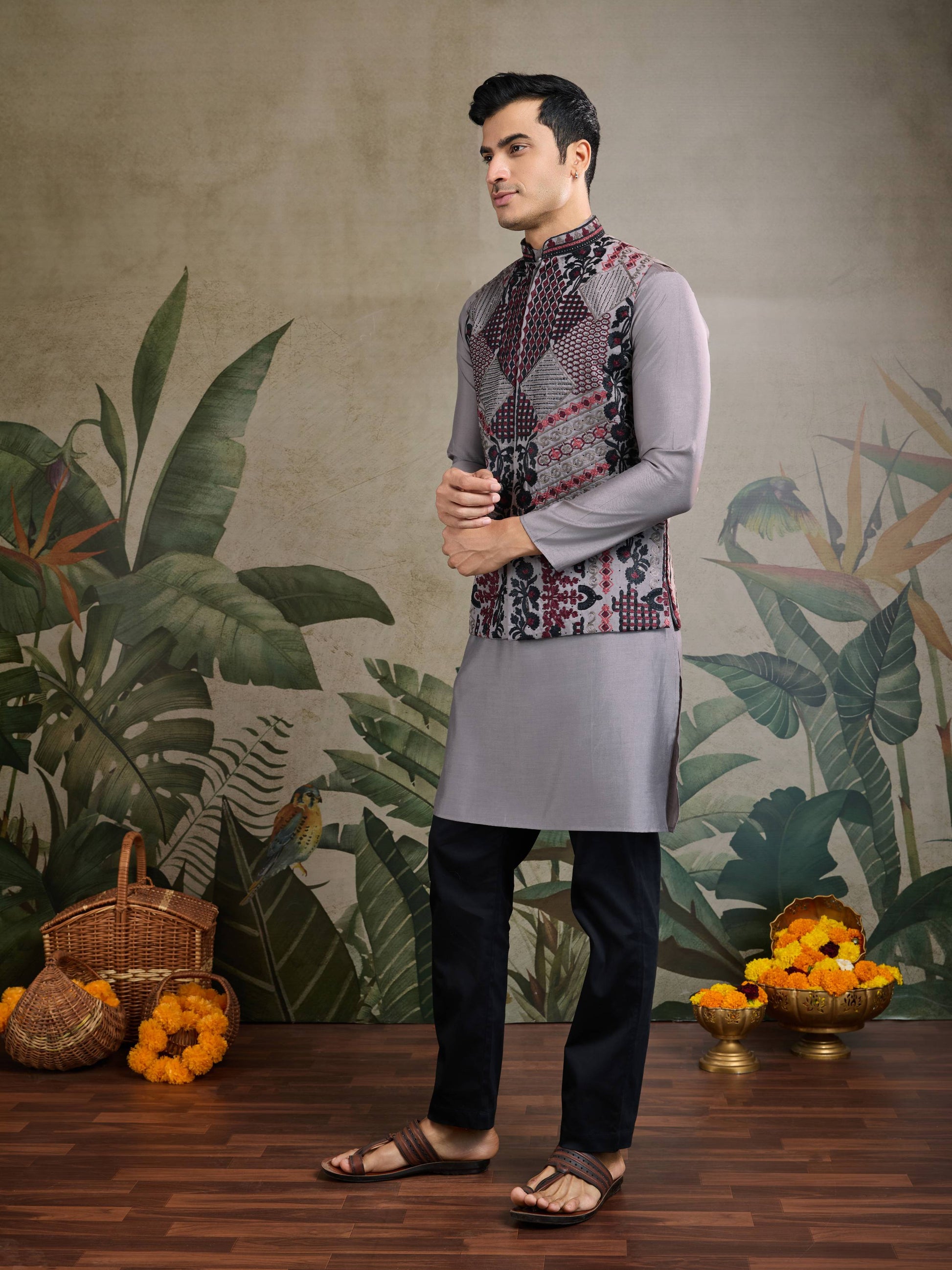 Grey color viscose silk kurta with koti price