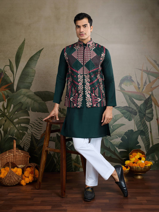 Green color viscose silk kurta with koti