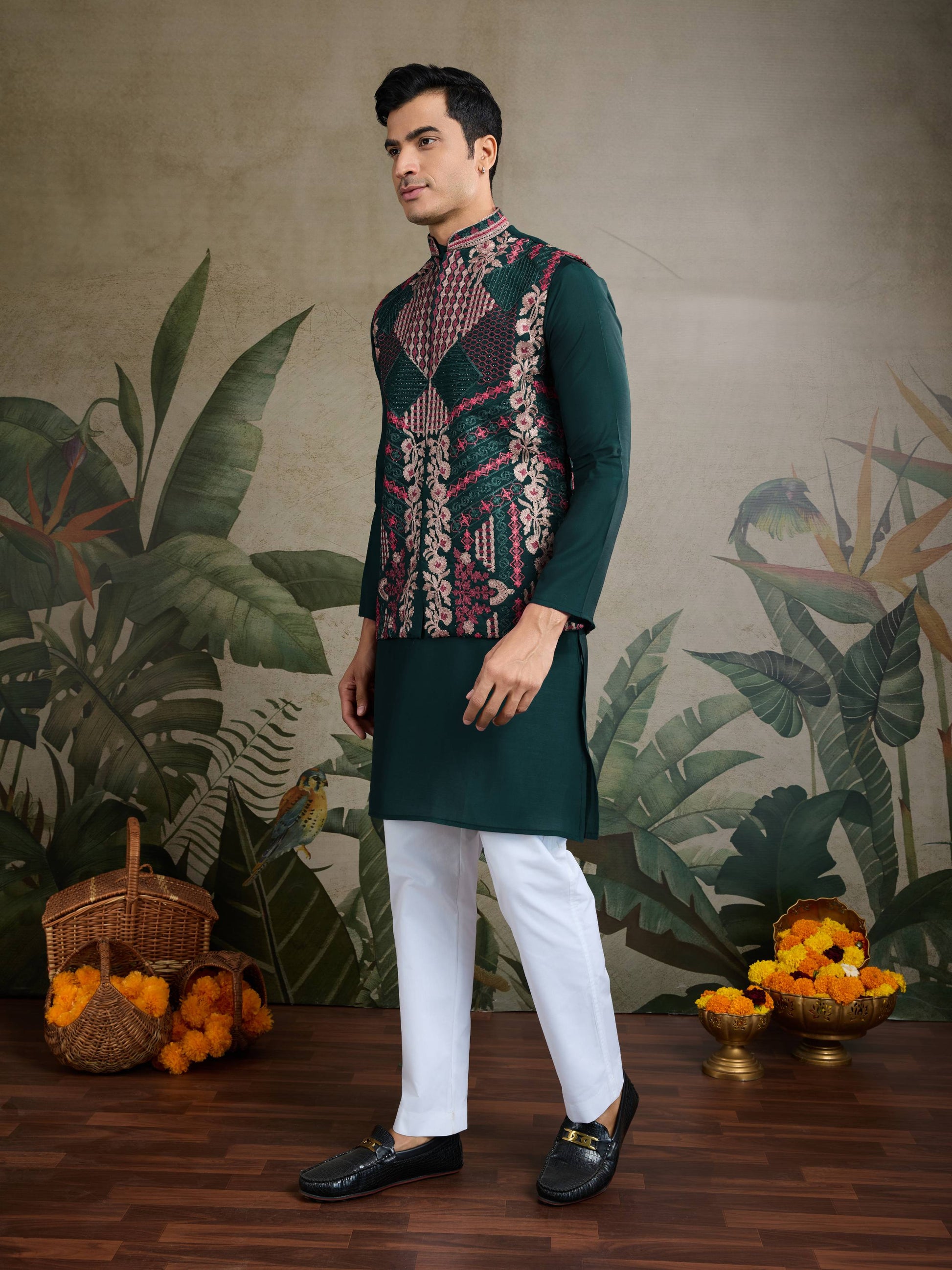 Green color viscose silk kurta with koti price