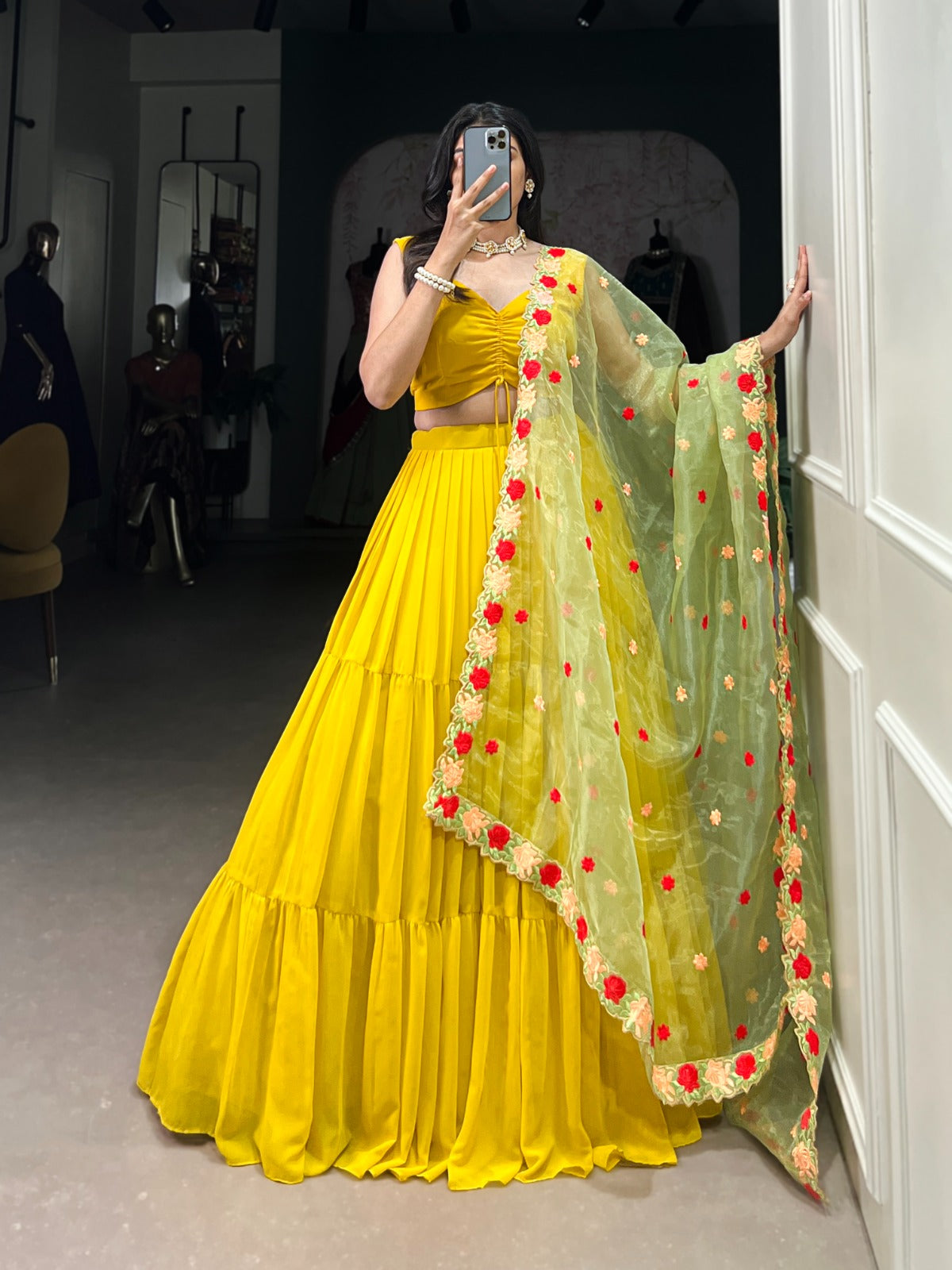 Mustard color georgette lehenga choli with dupatta online