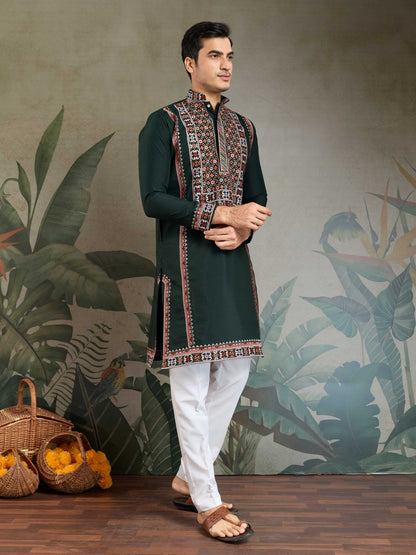 Green color viscose silk mens kurta with online