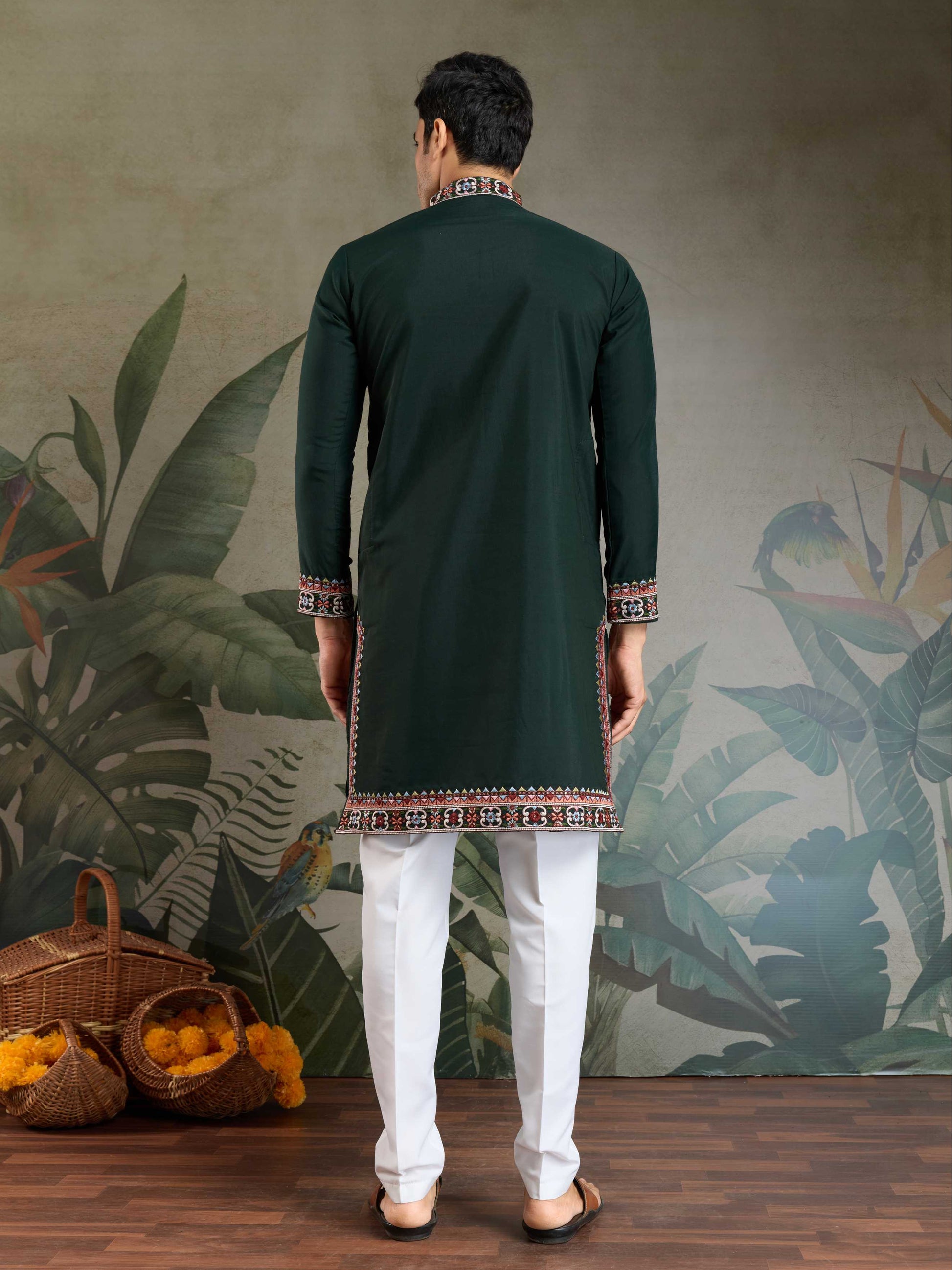 Green color viscose silk mens kurta in USA