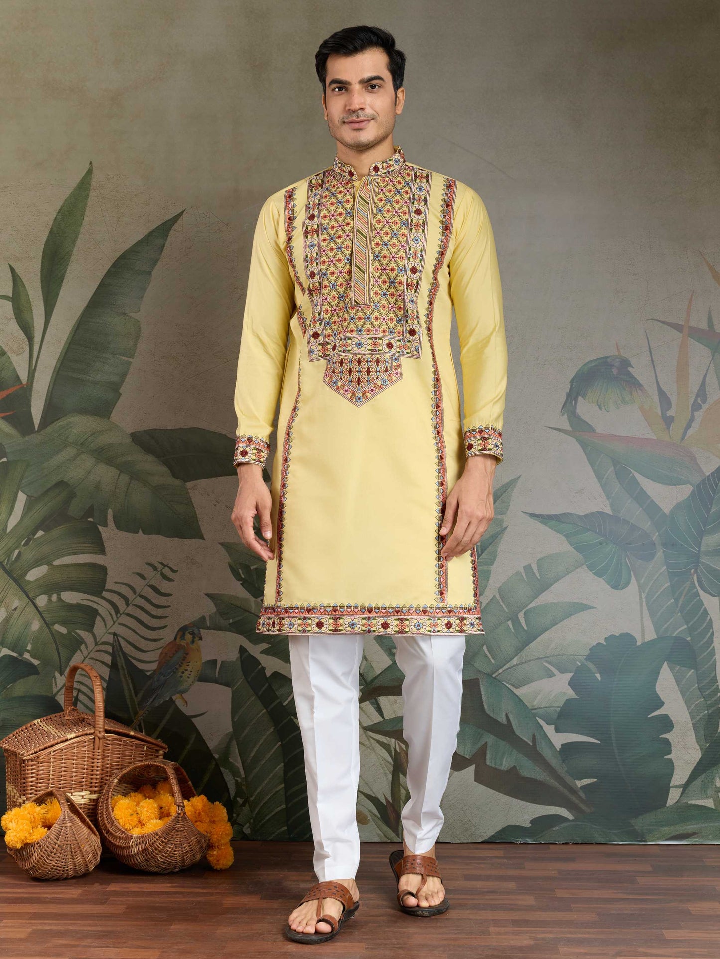 Bollywood Style Yellow Viscose Silk Mens Kurta For Haldi