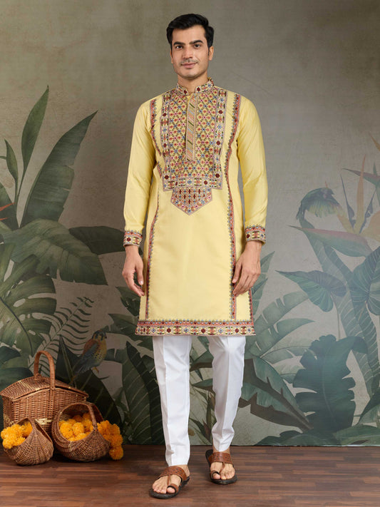 Bollywood Style Yellow Viscose Silk Mens Kurta For Haldi