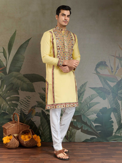 Bollywood Style Yellow Viscose Silk Mens Kurta For Haldi