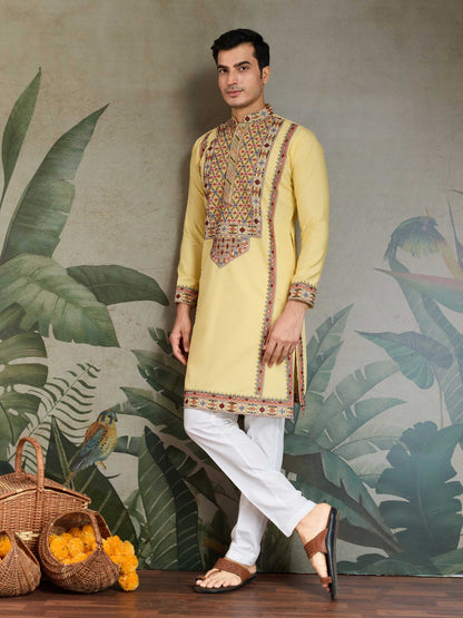Bollywood Style Yellow Viscose Silk Mens Kurta For Haldi