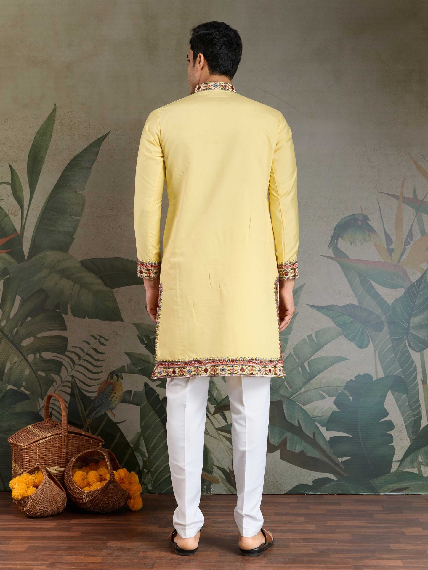 Bollywood Style Yellow Viscose Silk Mens Kurta For Haldi