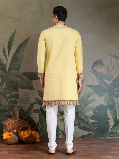 Bollywood Style Yellow Viscose Silk Mens Kurta For Haldi