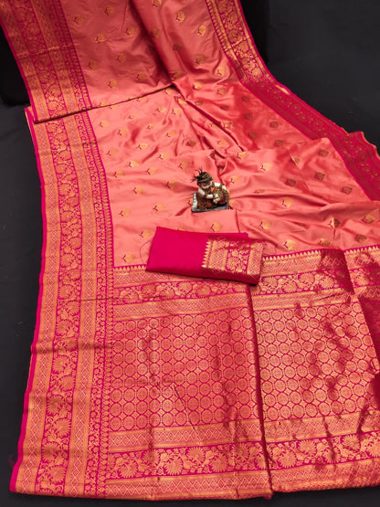 Peach color banarasi silk saree with blouse price