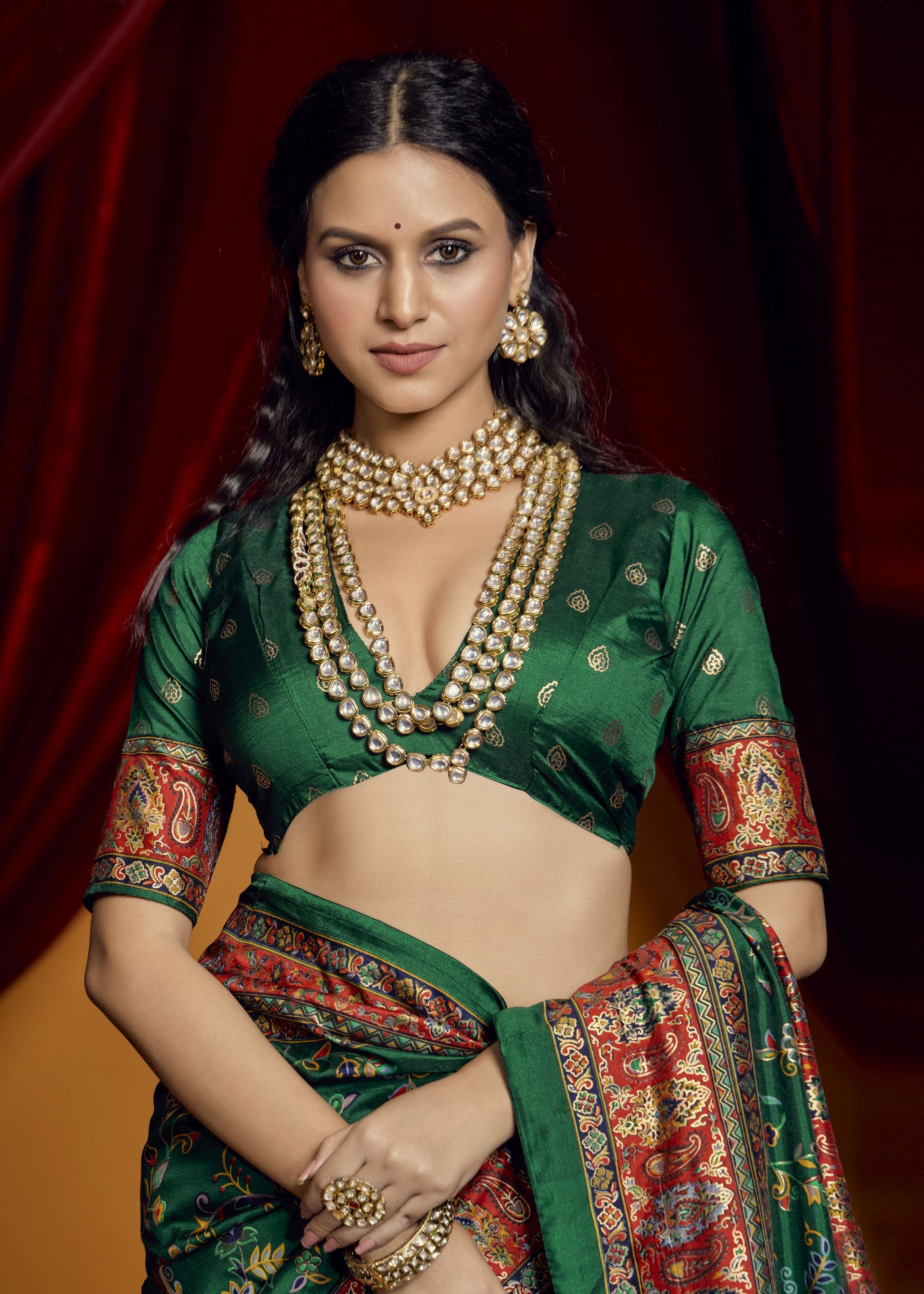 Dark green color tussar silk saree with blouse online