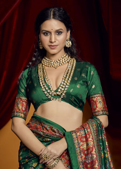 Dark green color tussar silk saree with blouse online