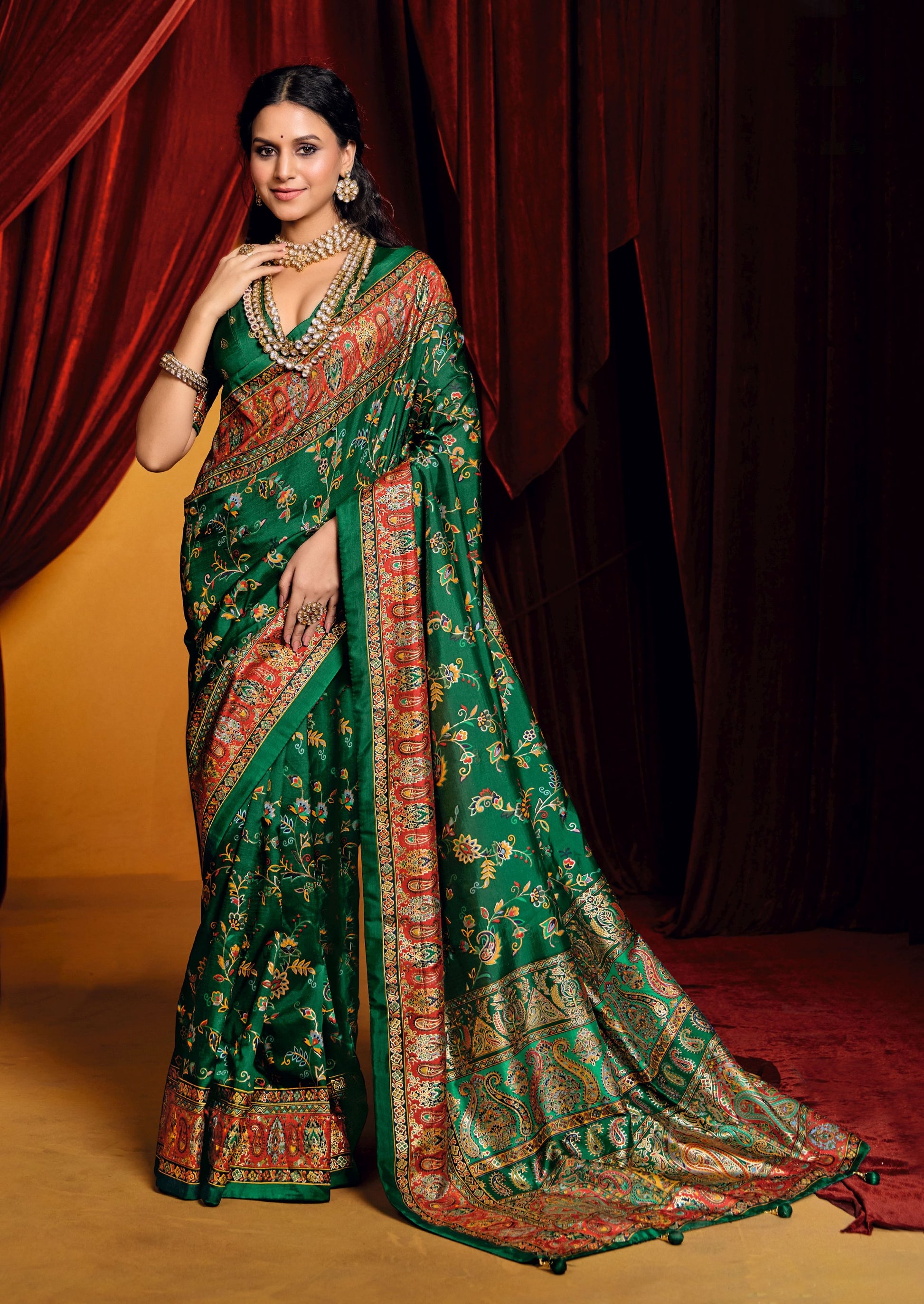 Dark green color tussar silk saree for women