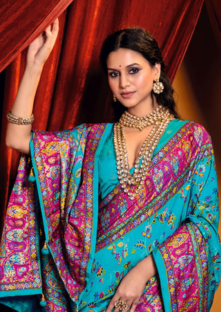 Sky blue color tussar silk saree for wedding