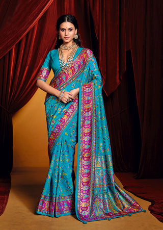 Sky blue color tussar silk saree for women