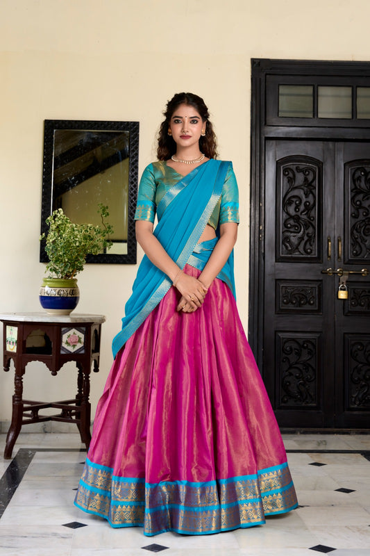 Pink color kanchipuram lehenga choli for women