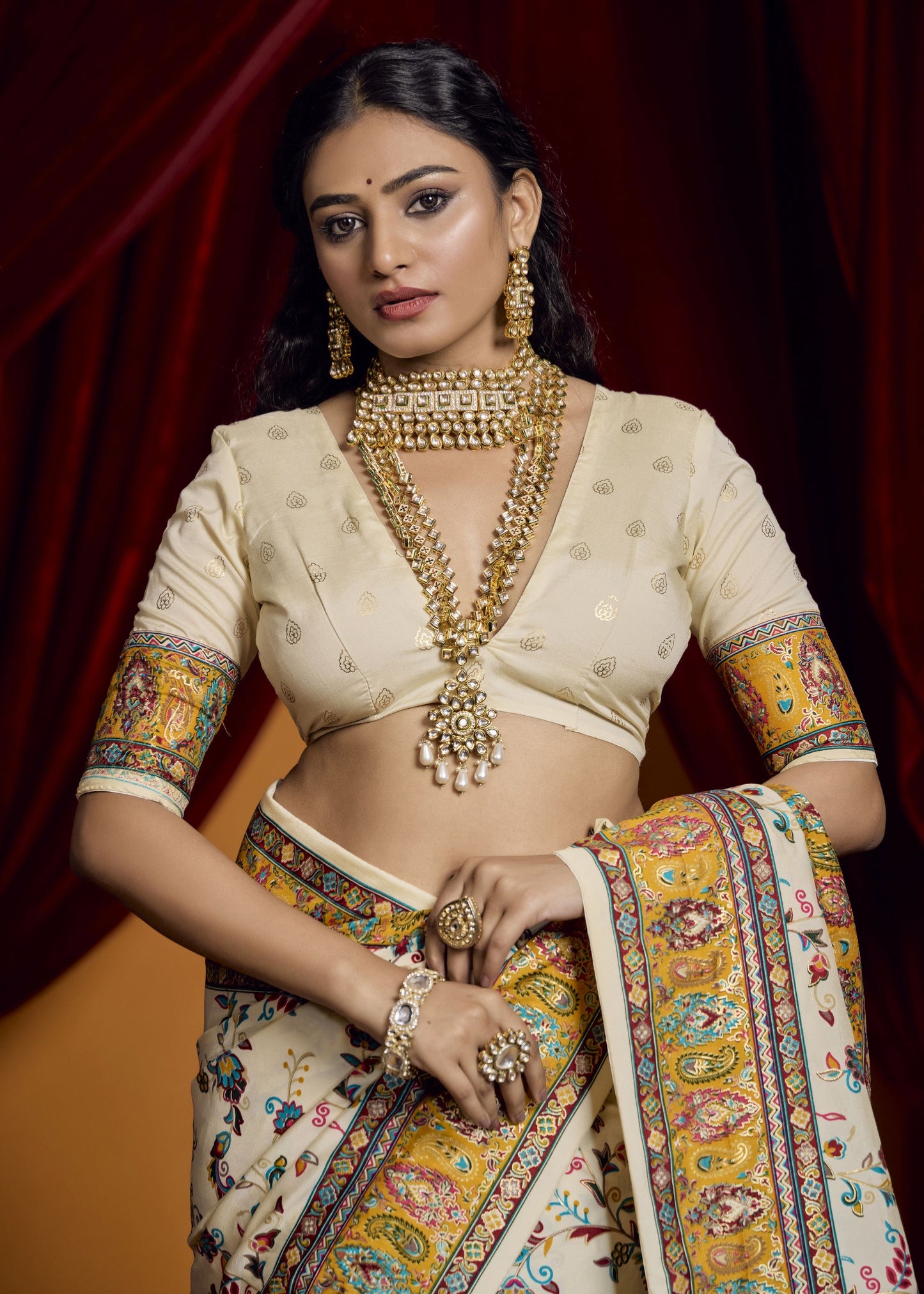 Off white color tussar silk saree with blouse online