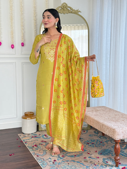 Yellow color viscose chanderi salwar suit for women