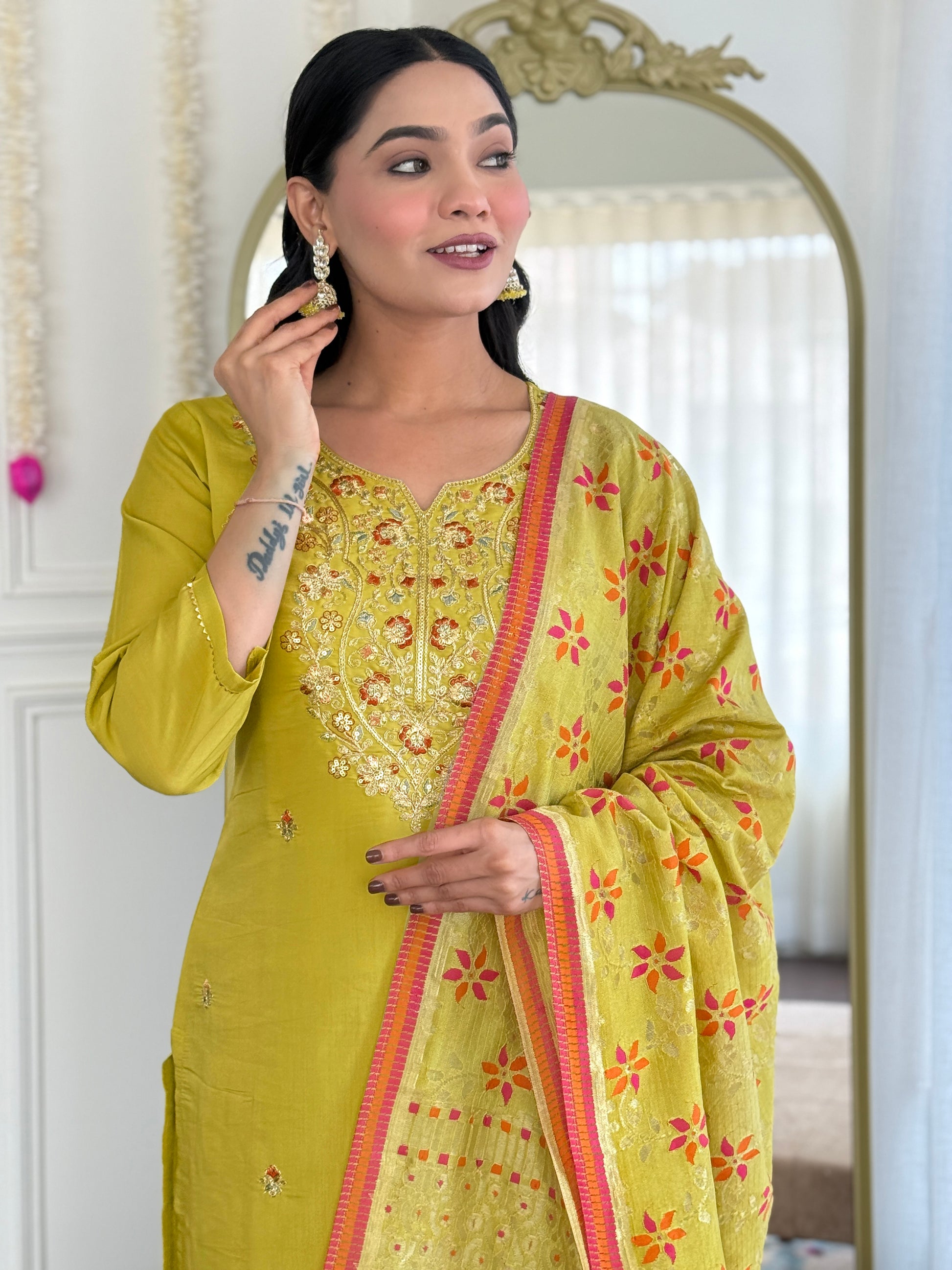 Yellow color viscose chanderi salwar suit price