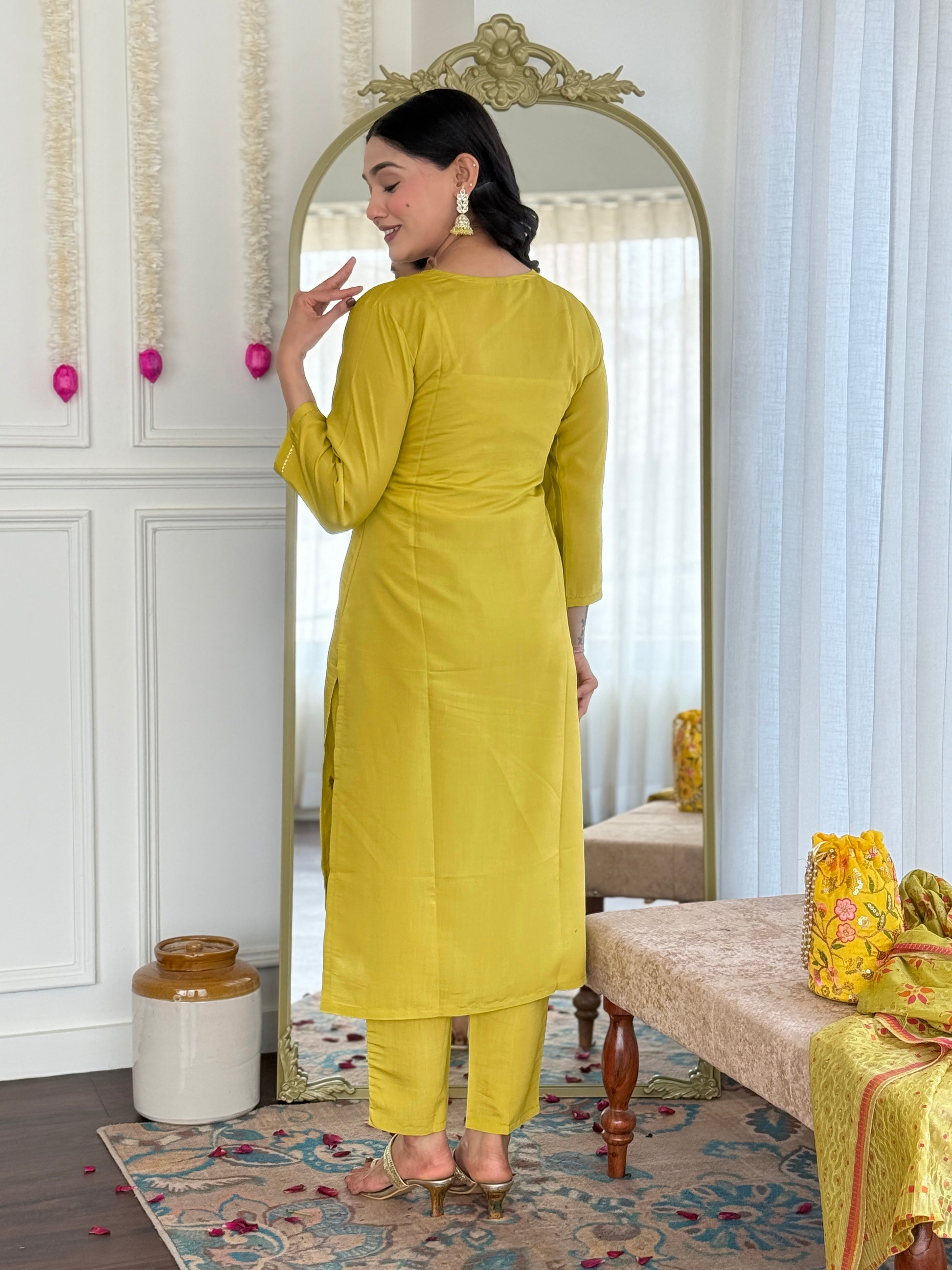 Yellow color viscose chanderi salwar suit with dupatta online