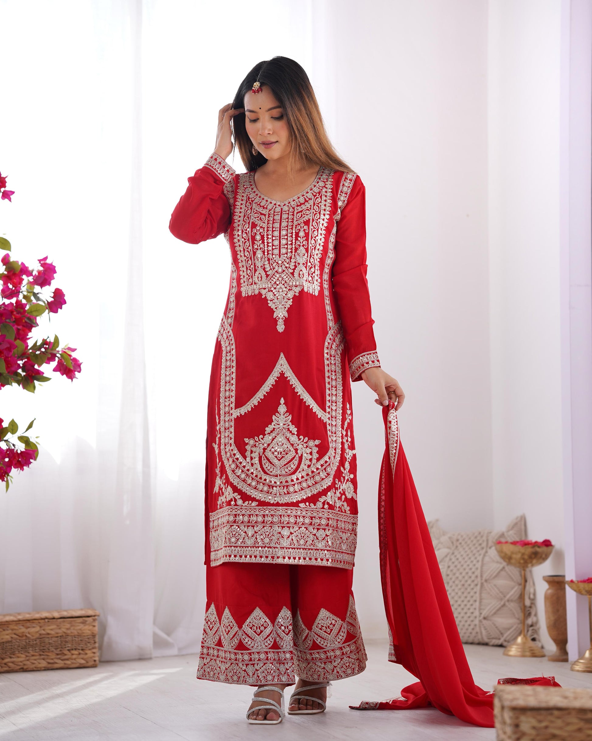 Red color vichitra silk sharara suit with dupatta online shopping
