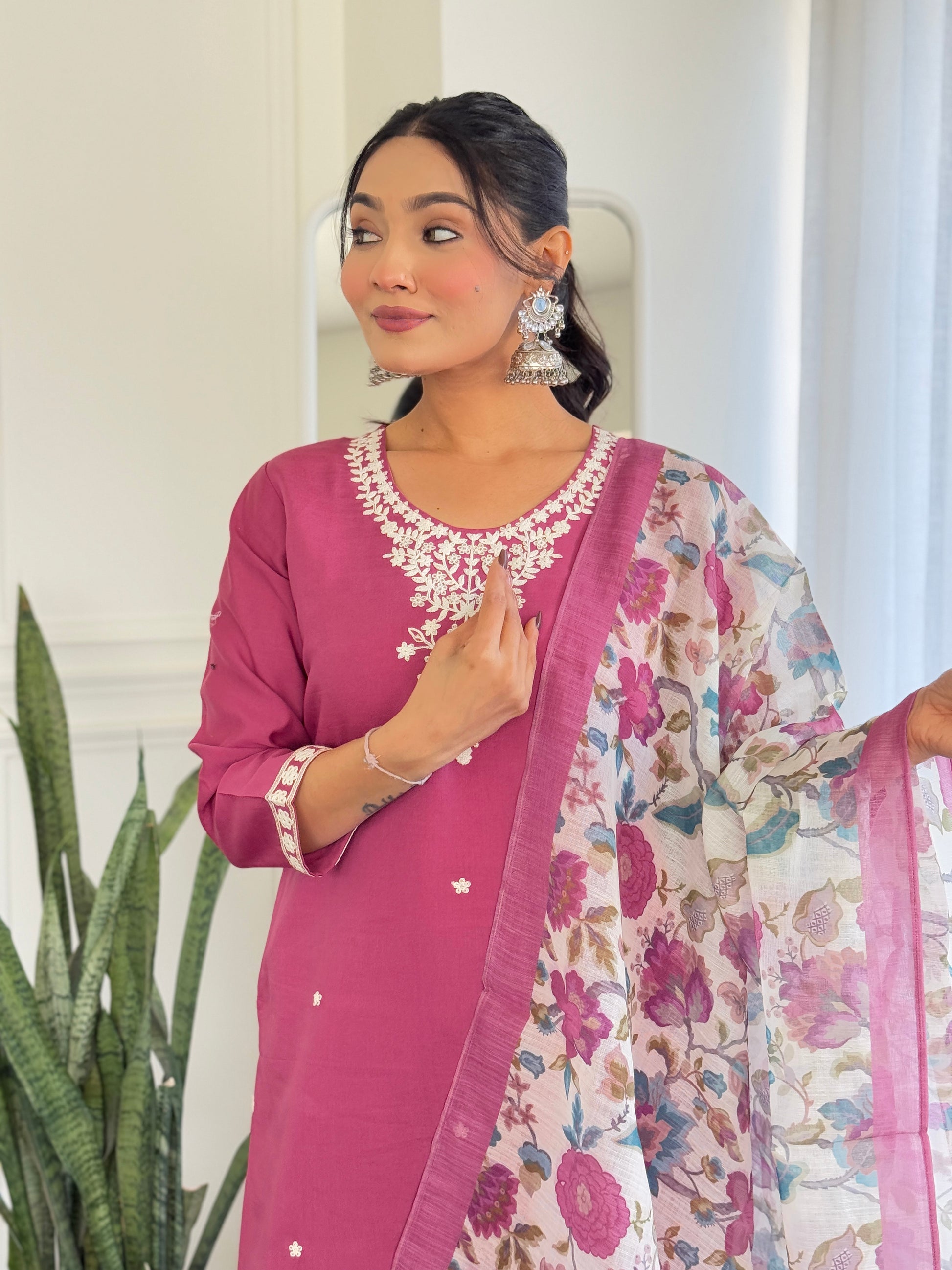 Pink color chanderi silk salwar suit with dupatta price