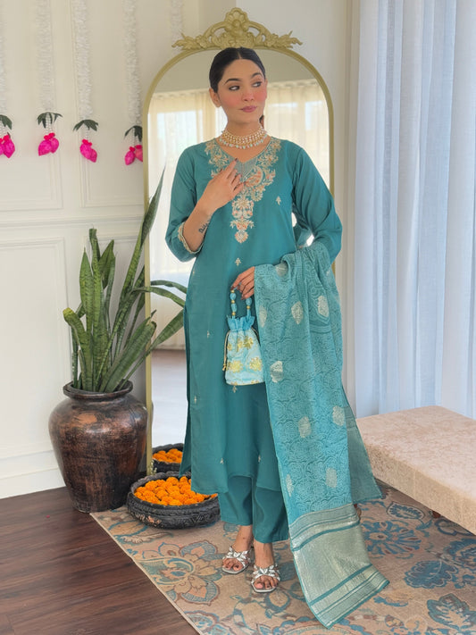 Sea green color viscose chanderi salwar suit
