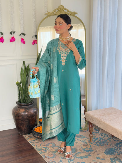 Sea green color viscose chanderi salwar suit for women