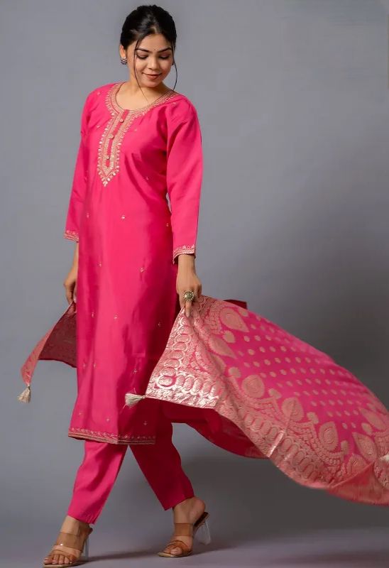 Pink color viscose chanderi salwar suit with online