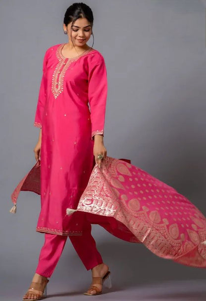 Pink color viscose chanderi salwar suit with online
