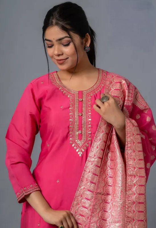 Pink color viscose chanderi salwar suit with online shopping