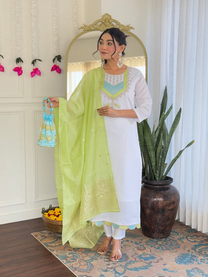 White color viscose chanderi salwar suit with dupatta online
